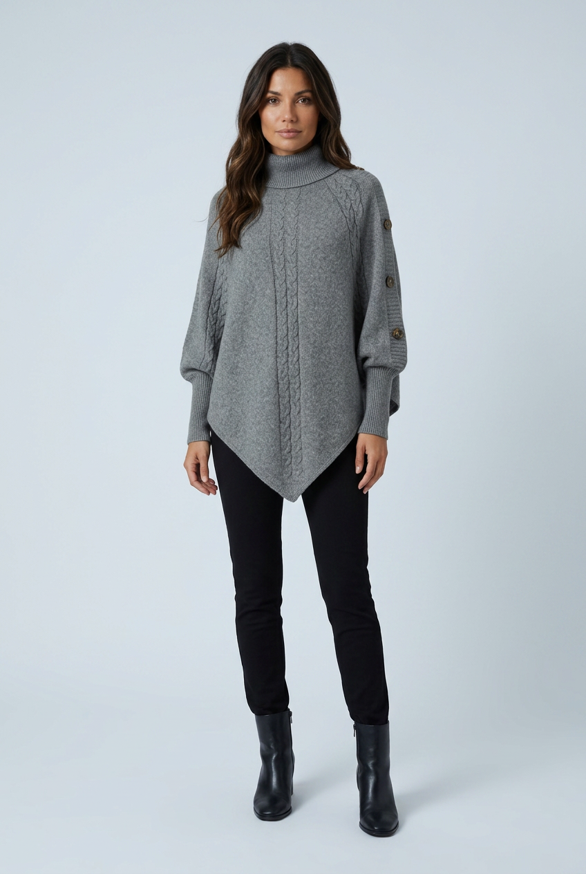 Grey cable knit turtleneck poncho front