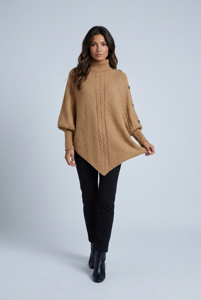Camel cable knit turtleneck poncho front