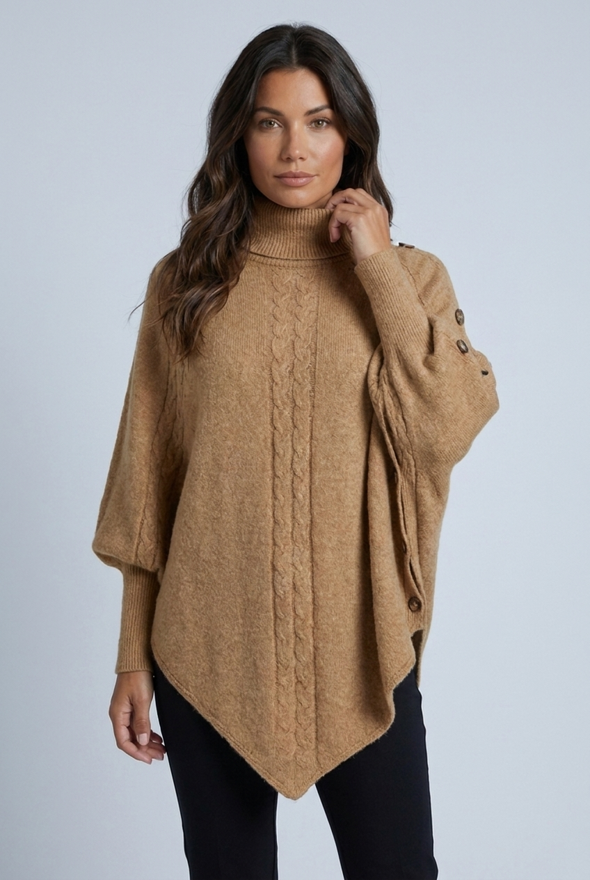 Camel cable knit turtleneck poncho closeup