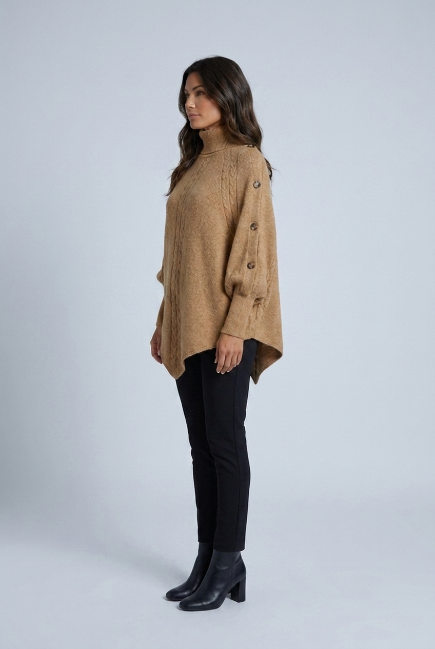 Camel cable knit turtleneck poncho side