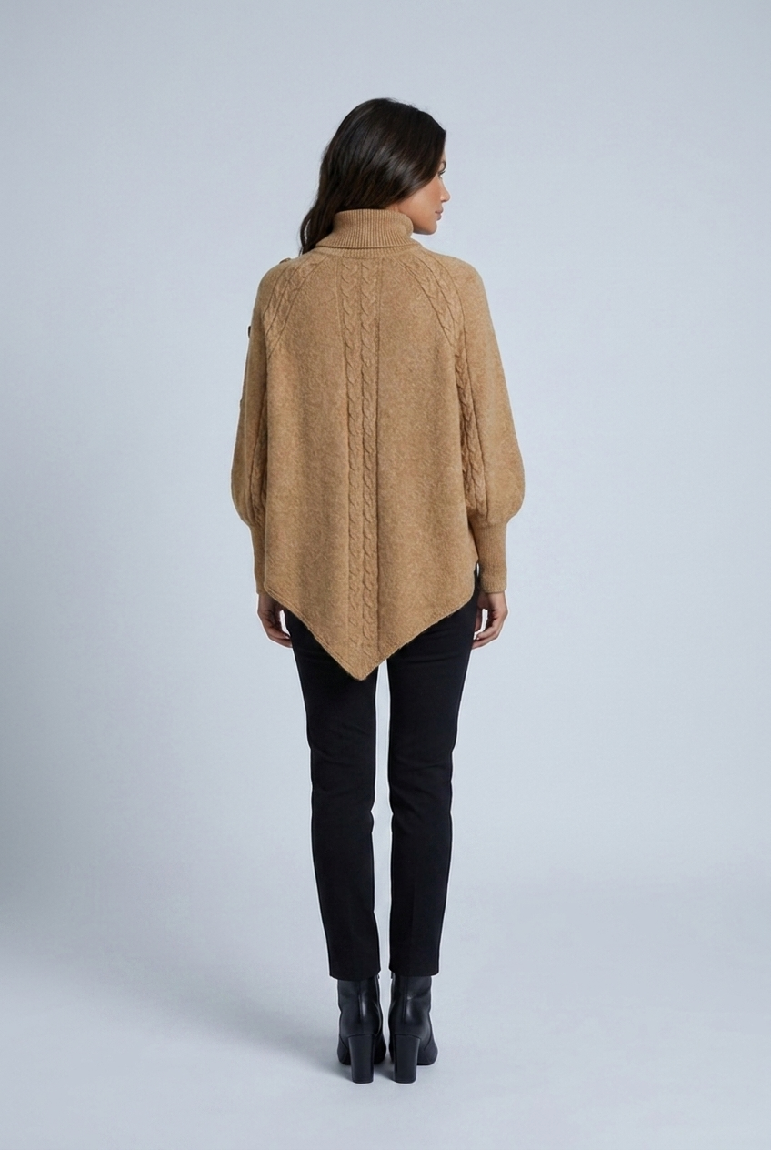 Camel cable knit turtleneck poncho back