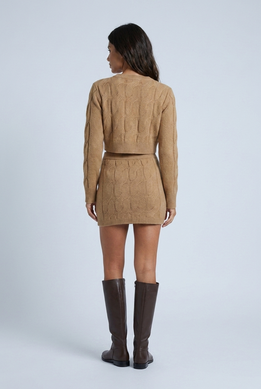Camel cable knit co-ord set back
