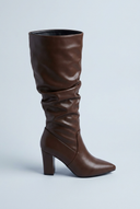 Brown pointed toe block heel knee high boots side