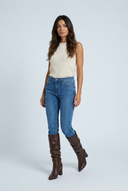 Brown pointed toe block heel knee high boots full