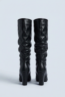 Black pointed toe block heel knee high boots back