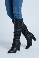Black pointed toe block heel knee high boots closeup
