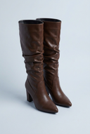 Brown pointed toe block heel knee high boots front