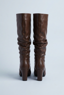 Brown pointed toe block heel knee high boots back