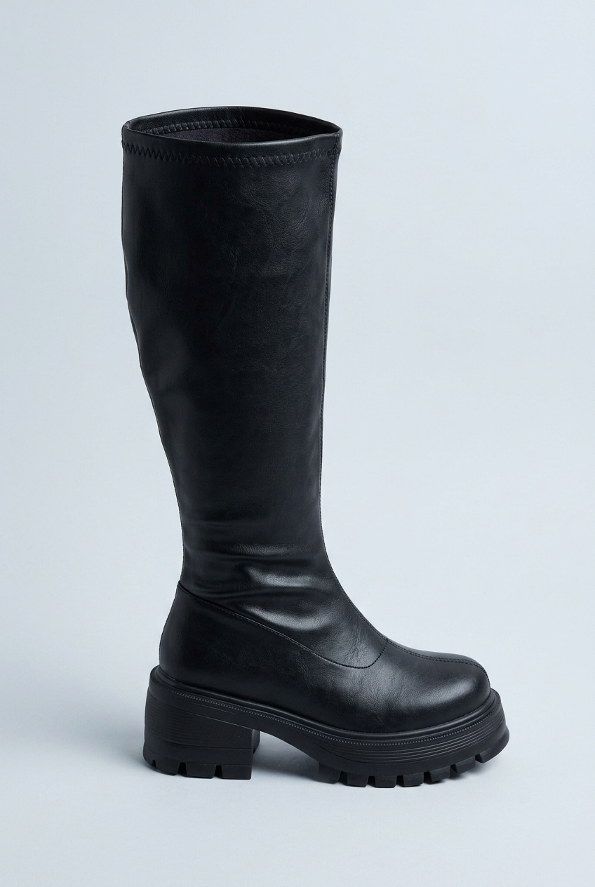 Black chunky lug sole knee high boots side