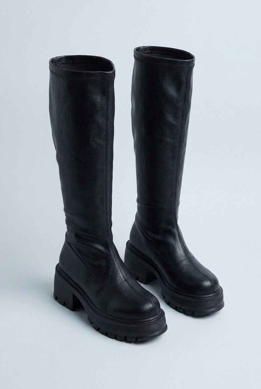 Black chunky lug sole knee high boots front