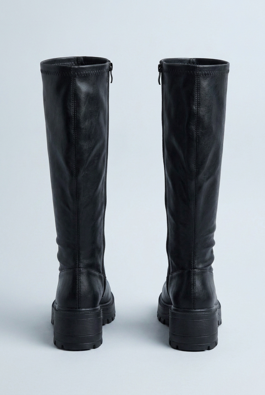 Black chunky lug sole knee high boots back