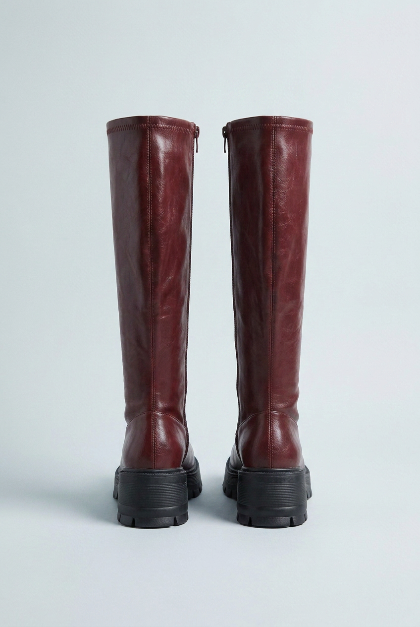 Burgundy chunky lug sole knee high boots back