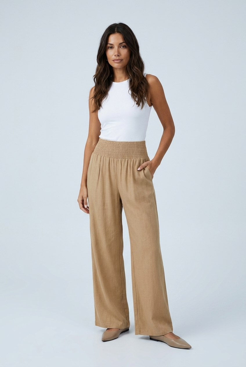 Khaki wide leg linen palazzo trousers front