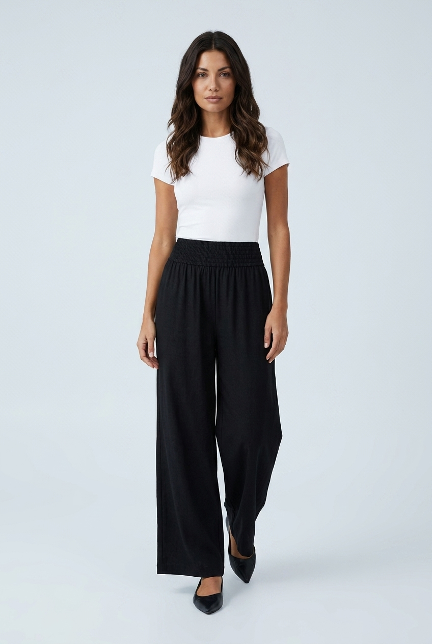 Black wide leg linen palazzo trousers front