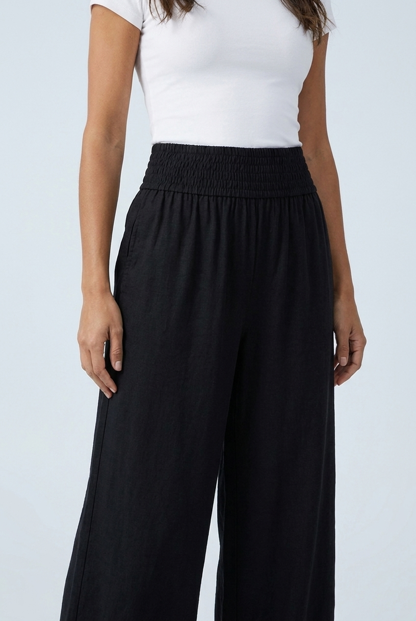 Black wide leg linen palazzo trousers closeup