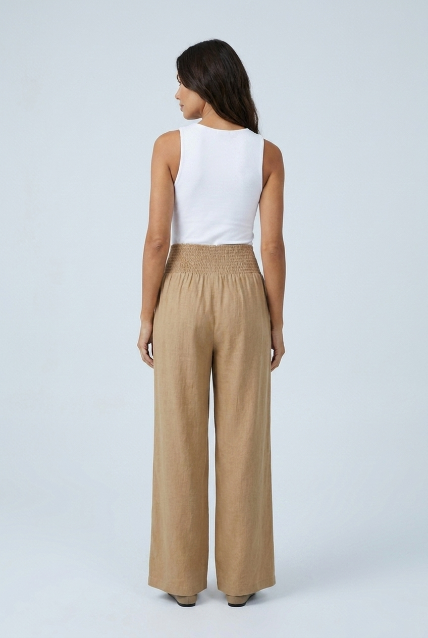 Khaki wide leg linen palazzo trousers back