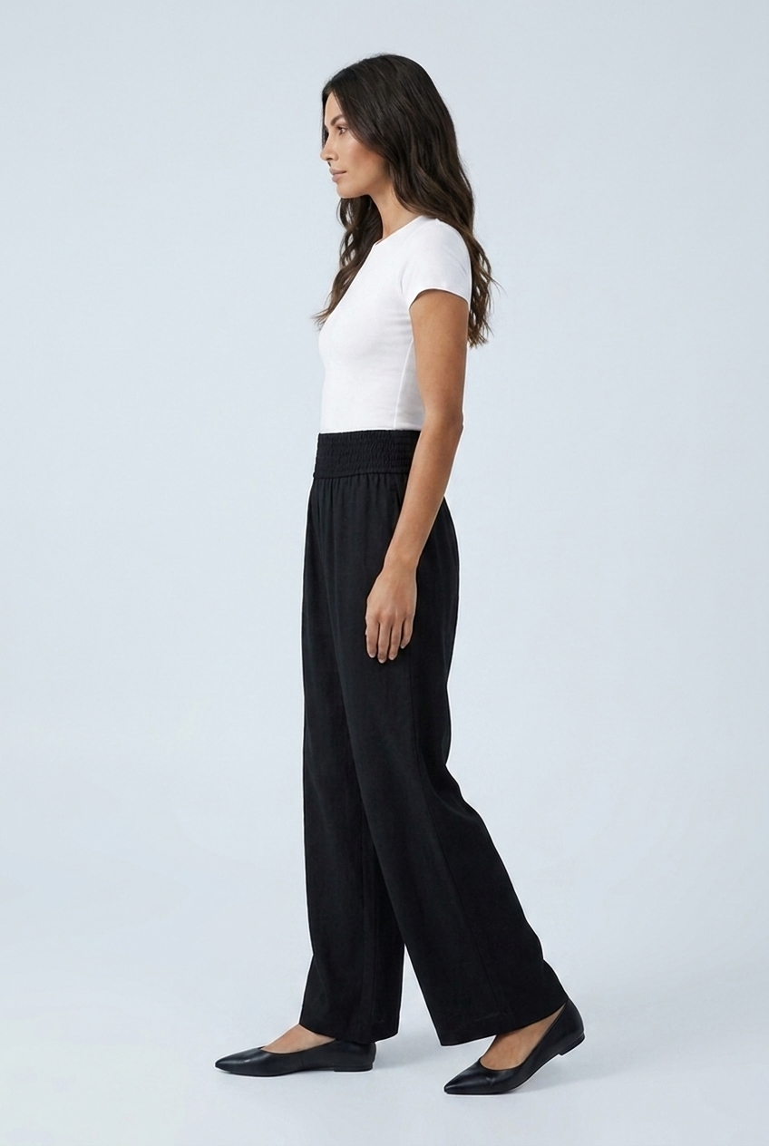 Black wide leg linen palazzo trousers side