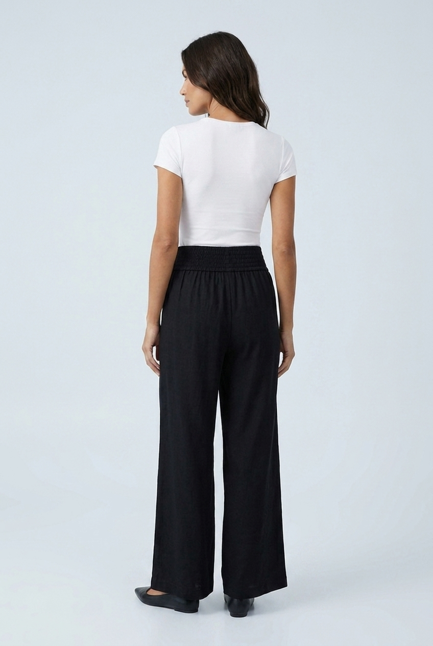 Black wide leg linen palazzo trousers back