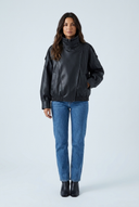 Black oversized faux leather double collar bomber front