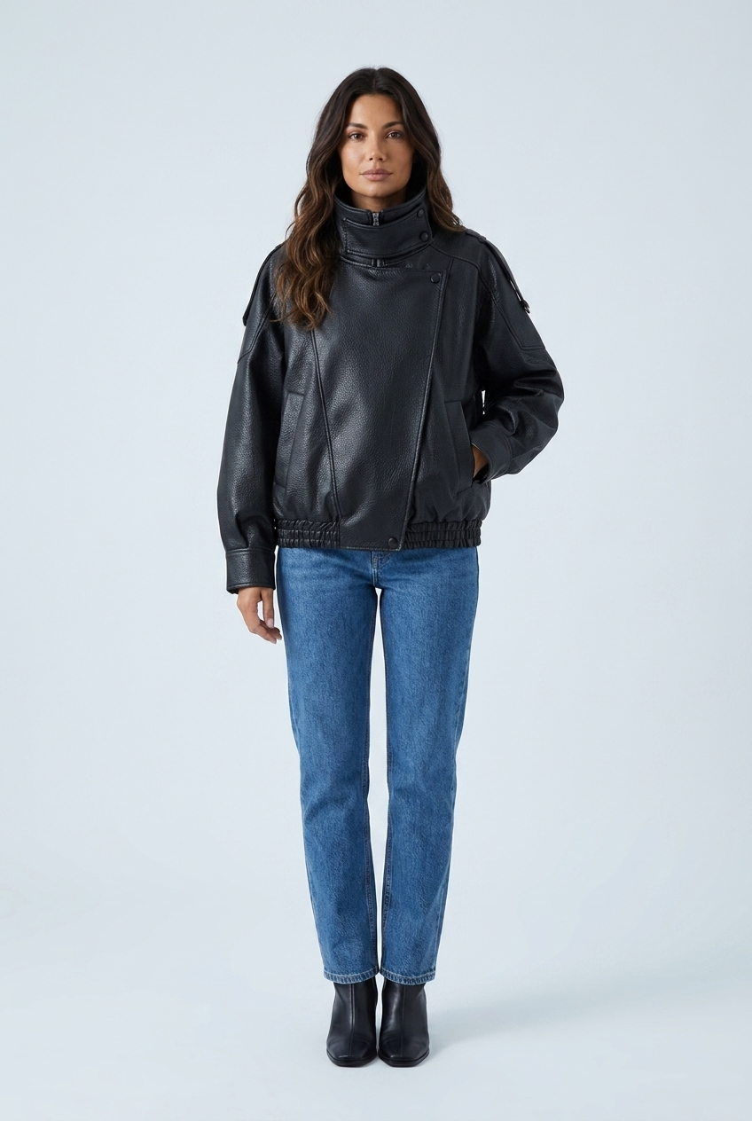 Black oversized faux leather double collar bomber front