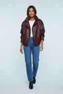 Wine oversized faux leather double collar bomber front