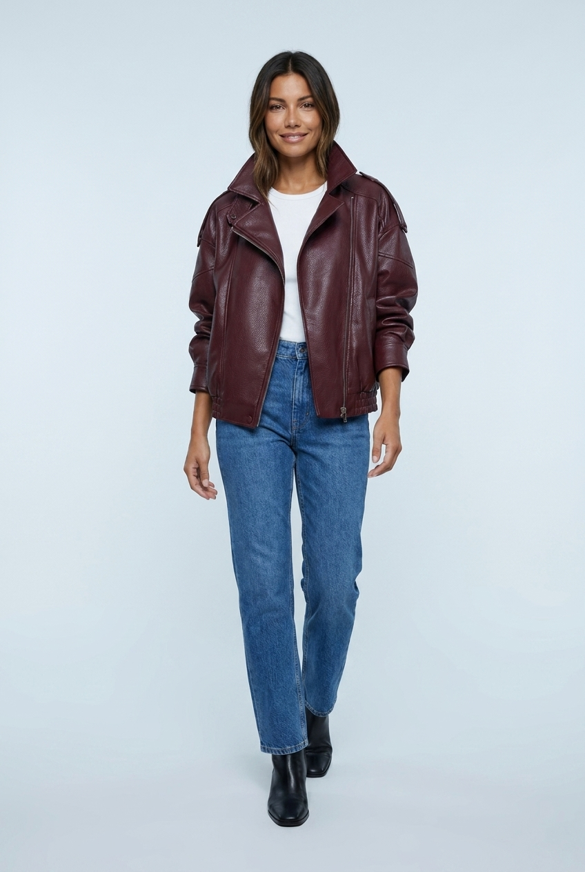 Wine oversized faux leather double collar bomber front