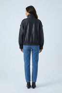 Black oversized faux leather double collar bomber back