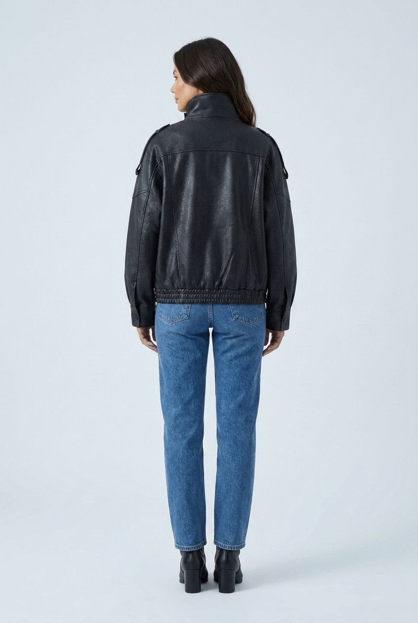 Black oversized faux leather double collar bomber back