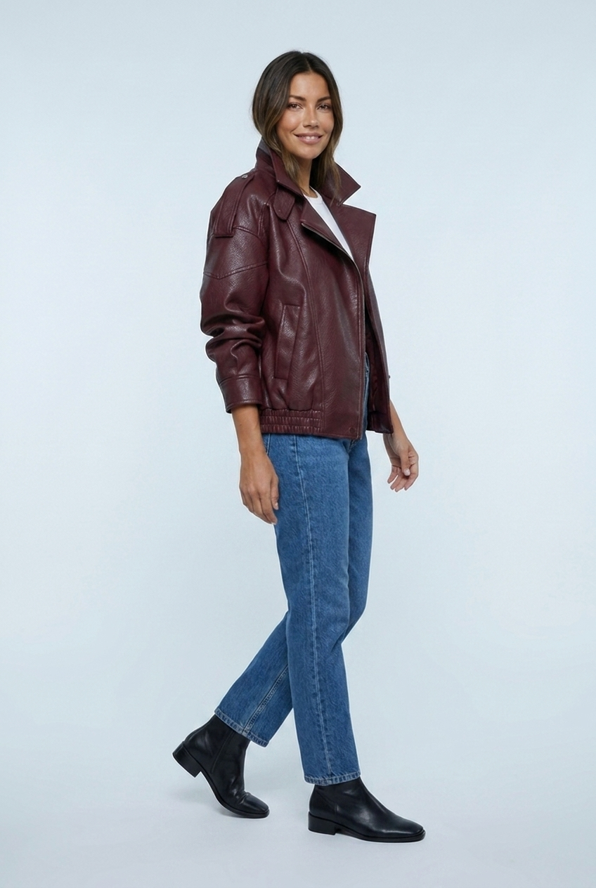 Wine oversized faux leather double collar bomber side