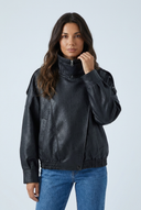 Black oversized faux leather double collar bomber closeup