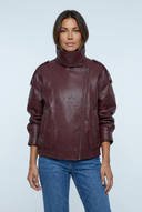 Wine oversized faux leather double collar bomber closeup