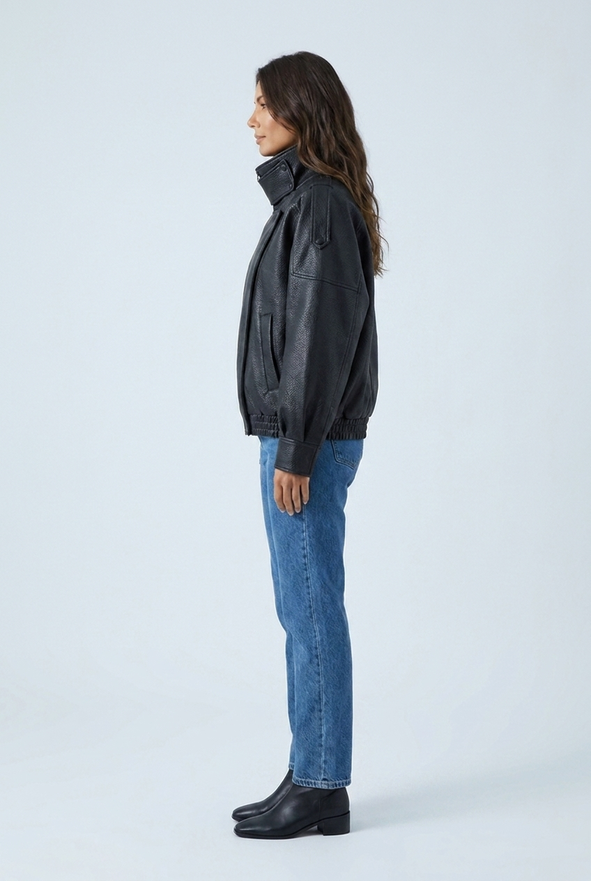 Black oversized faux leather double collar bomber side