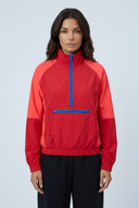 Red colourblock half-zip windbreaker jacket closeup