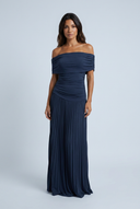 Navy off shoulder ruched pleated maxi dress front