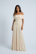 Apricot off shoulder ruched pleated maxi dress front