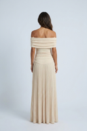 Apricot off shoulder ruched pleated maxi dress back