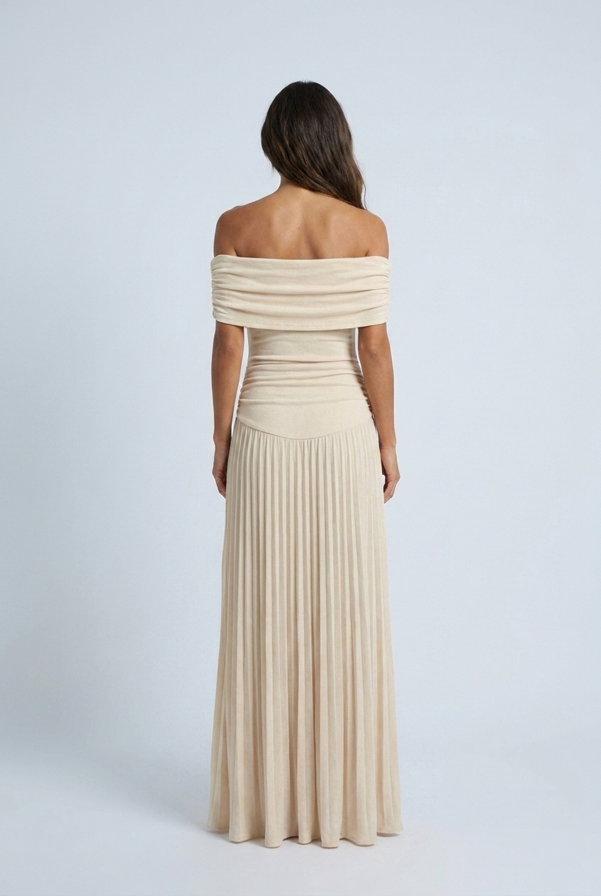 Apricot off shoulder ruched pleated maxi dress back