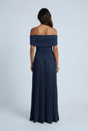 Navy off shoulder ruched pleated maxi dress back