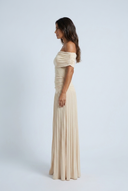 Apricot off shoulder ruched pleated maxi dress side