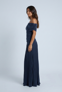 Navy off shoulder ruched pleated maxi dress side