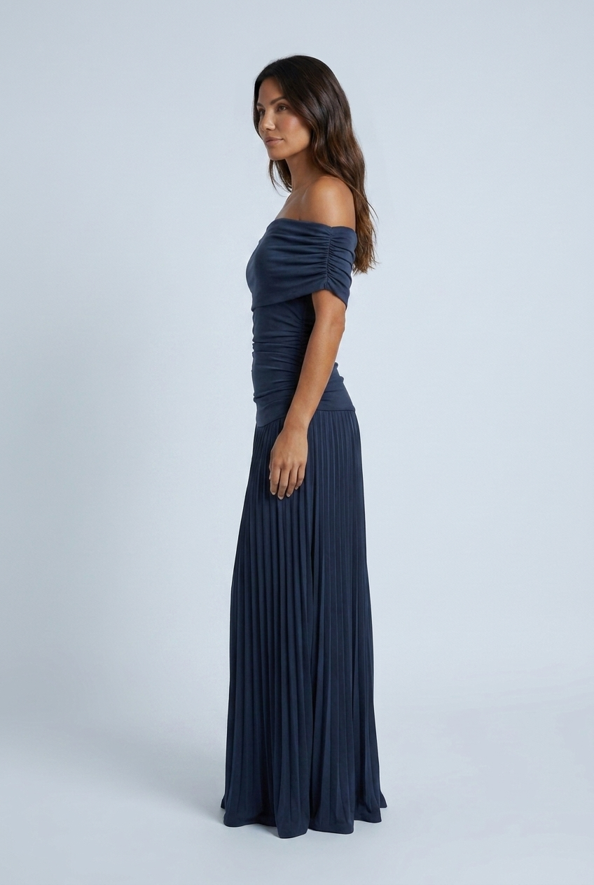 Navy off shoulder ruched pleated maxi dress side