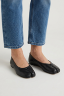Black leather split toe tabi ballet flats closeup