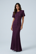 Purple sparkly open knit puff sleeve fishtail maxi dress front