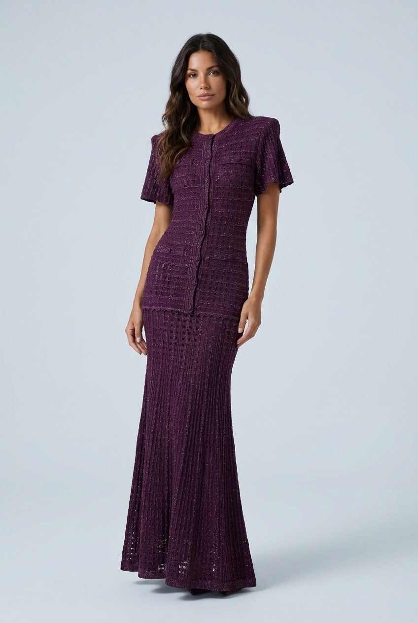Purple sparkly open knit puff sleeve fishtail maxi dress front