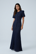 Navy sparkly open knit puff sleeve fishtail maxi dress front