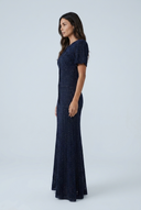 Navy sparkly open knit puff sleeve fishtail maxi dress side