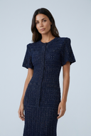 Navy sparkly open knit puff sleeve fishtail maxi dress closeup