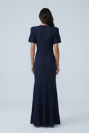 Navy sparkly open knit puff sleeve fishtail maxi dress back