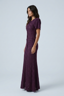 Purple sparkly open knit puff sleeve fishtail maxi dress side