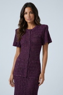 Purple sparkly open knit puff sleeve fishtail maxi dress closeup